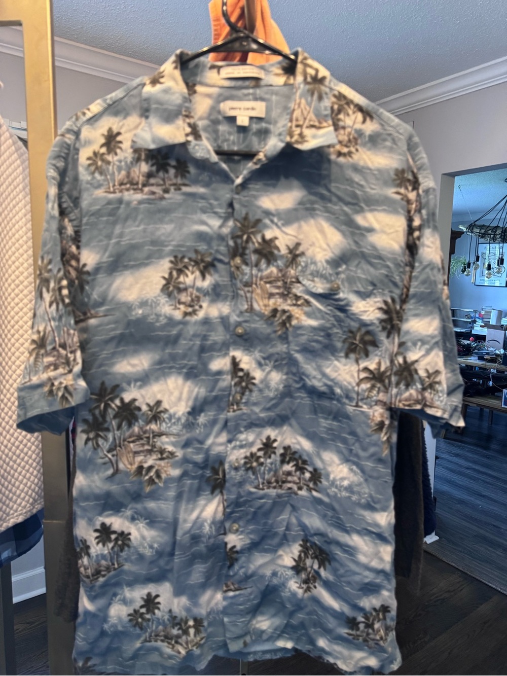Pierre Cardin Light Blue Rayon Hawaiian Shirt with Brown Palm Print